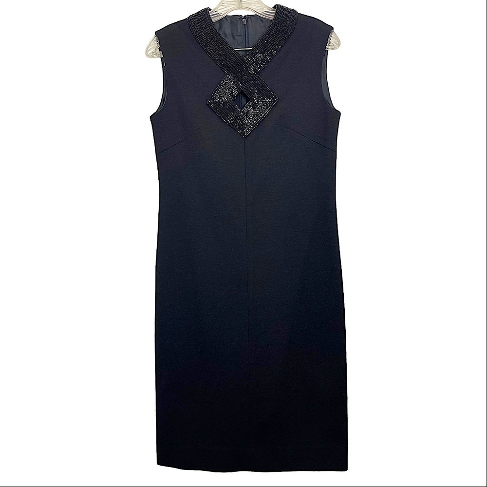 Vintage Black Beaded V-Neck‎ Collar Knit Mid Length Sheath Dress LBD